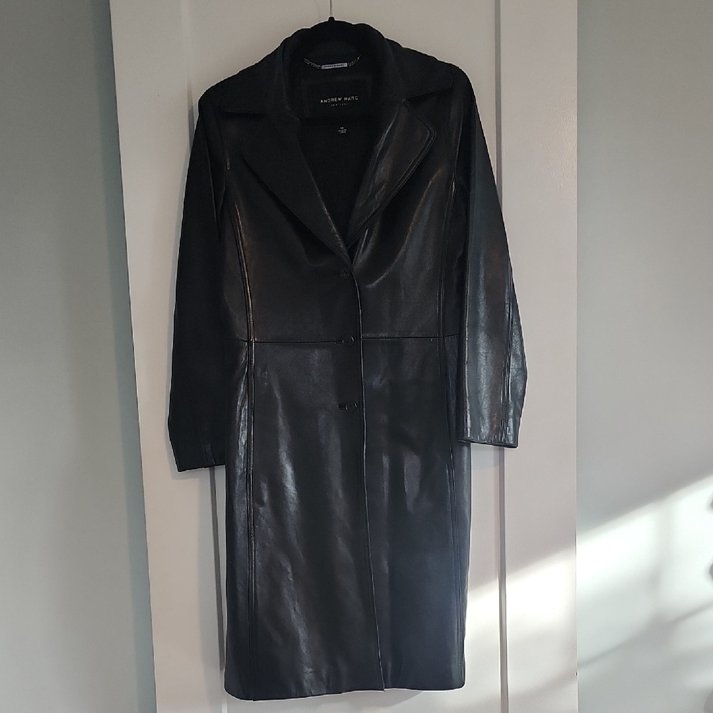 Andrew Marc Black Leather Women's Coat Size Medium Midi Length